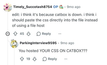 OP: i think it's because catbox is down. i think i should paste the css directly into the file instead of using a file host | Reply: You hosted YOUR CSS ON CATBOX??
